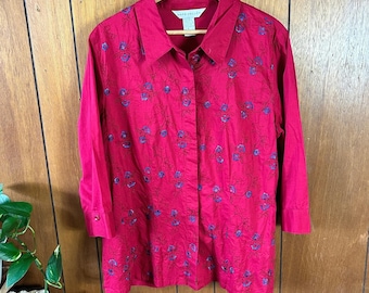 vintage Napa Valley chemise en coton brodée de fleurs rouges et bleues, taille Cottage