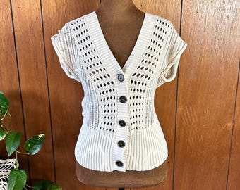 Vintage y2k gilet boutonné en tricot de coton crème crème à manches courtes bohème