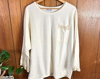 vintage Land n Sea crème à manches longues chauve-souris haut au crochet avec poche en dentelle Made in USA