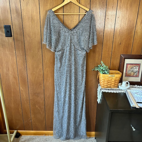 jkara formal dresses JKARA Green Sequin Beaded Maxi Dress V-Neck 3/4 Bell Sleeve Size 18 2079