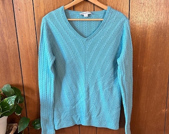 Vintage Pendleton 100% Merino Wool Cable Knit V Neck Sweater Teal Blue Large