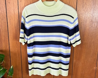 Haut pull en tricot côtelé côtelé à larges rayures vertes et bleues Croft & Barrow pour femmes