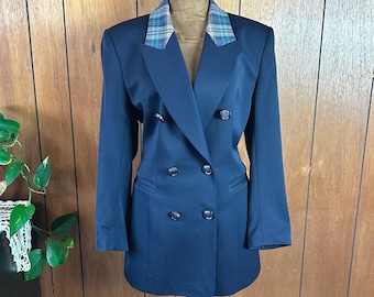 Blazer croisé bleu marine Rongda vintage avec col écossais Academia Classic