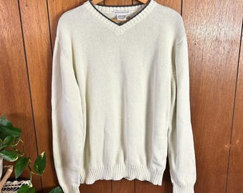 vintage Knightsbridge Pull à col en V pour homme Blanc crème 100 % coton côtelé XL