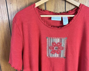 vintage Alfred Dunner Top rouge en maille côtelée brodé floral bordure XL
