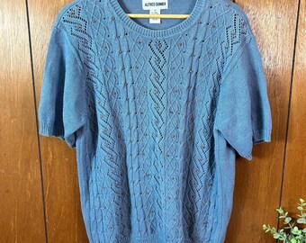 vintage Alfred Dunner bleu haut en tricot à manches courtes en dentelle et perles Cottage Boho