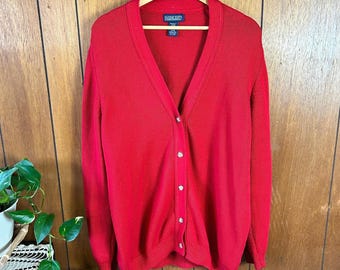 vintage Cardigan boutonné en tricot de coton rouge Lands End à col en V fabriqué aux États-Unis