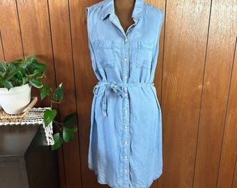 vintage Intro Lyocell - Robe chemise sans manches en chambray bleu utilitaire d'été avec ceinture