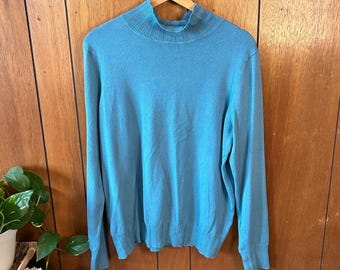 Vintage Joseph A Teal Blue Mock Neck Sweater Knit Top Women's Size L Cottagecore
