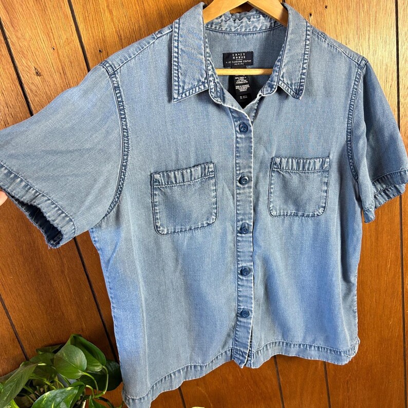 Vintage Crazy Horse Liz Claiborne Petite Large Denim Shirt Blue Tencel L afbeelding 2