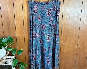 vintage Maggie Lawrence vintage Maxi jupe florale cachemire bleu canard rayonne Boho Garden
