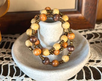 Wood Bead Bracelet Set: Bohemian Stretch Bracelets Earth Tone Jewelry Upcycled