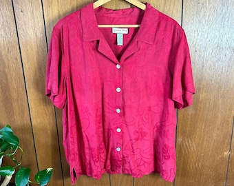 vintage Chemise de camp à manches courtes en jacquard de soie mélangée rouge de Jamaica Bay