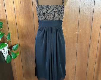 vintage Alex Evenings Petite - Robe de cocktail empire damassé noire pailletée et dorée