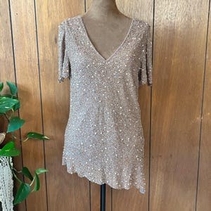 Vintage Adrianna Papell Boutique Beaded Sequin Asymmetrical Hem Top afbeelding 1