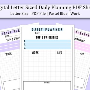 Digital PDF Daily Planner Letter Sized Sheet | Pastel Blue | Work