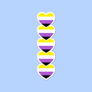 Puede incluir: Cinco pegatinas en forma de corazón apiladas verticalmente, cada una con la bandera del orgullo no binario. Los corazones presentan rayas amarillas, blancas, moradas y negras. Fondo azul claro.