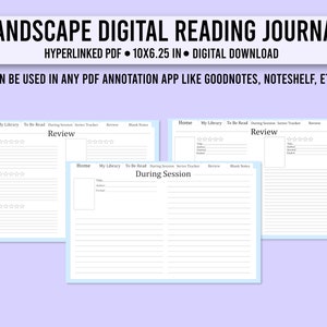 Könnte beinhalten: Ein digitales Lesetagebuch im Querformat. Das Journal ist ein Hyperlink-PDF, 25,4 x 15,88 cm groß, und ein digitaler Download. Es enthält Abschnitte für Rezensionen, Serienverfolgung und Notizen. Der Text auf dem Bild lautet: "KANN IN JEDER PDF-ANNOTATIONS-APP WIE GOODNOTES, NOTESHELF, ETC. VERWENDET WERDEN."