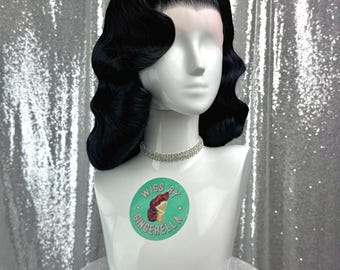 Custom Lace Front Wig in Style “Cinema” - 1950's Inspired Pin Up Burlesque Vintage Hair (Obsidian)