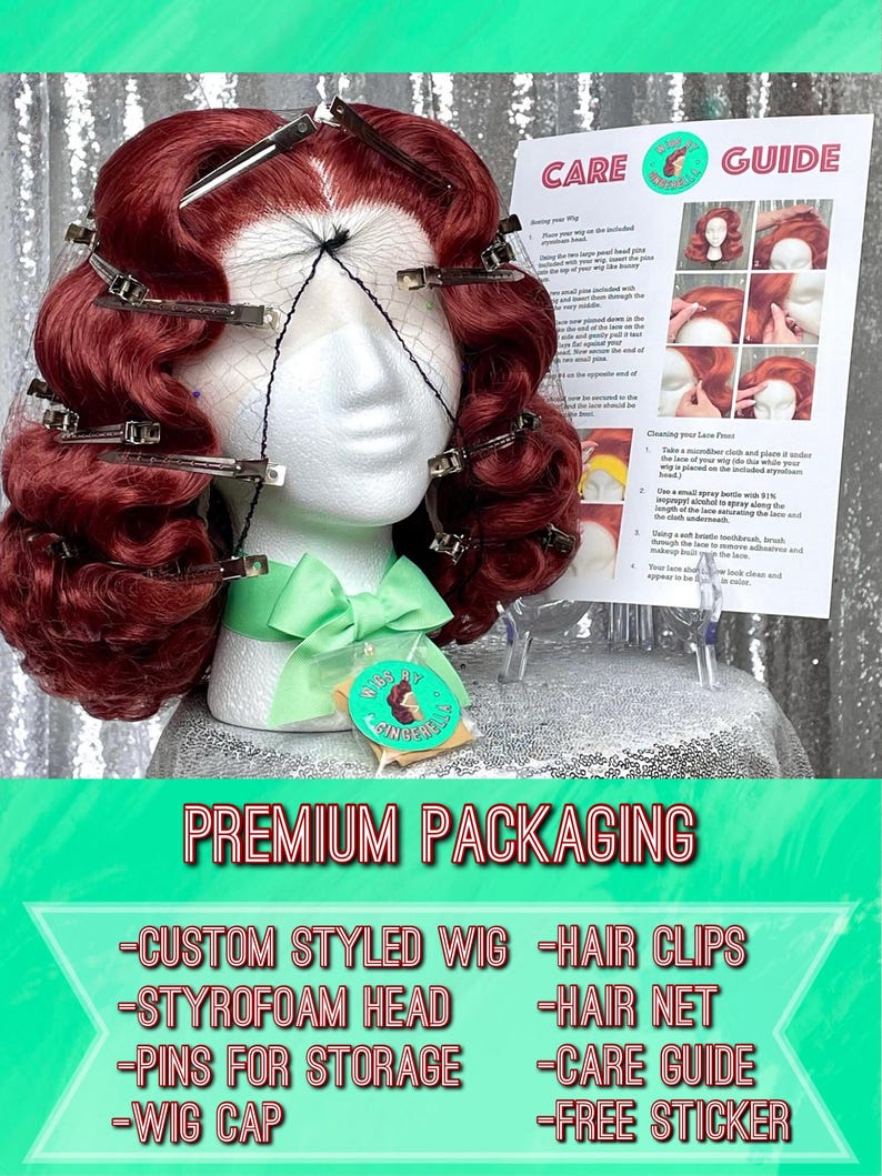 May include: A styled auburn wig on a styrofoam head, secured with hair clips and a hair net. The wig is part of a premium packaging set that includes a care guide, pins for storage, a wig cap, and a free sticker. The packaging is labeled "Premium Packaging".
