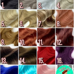 May include: A color chart of wig hair samples in various shades, including black, gray, blonde, red, and blue. Each sample is labeled with a number. The image also includes a logo that says "Wigs by Gingerella."