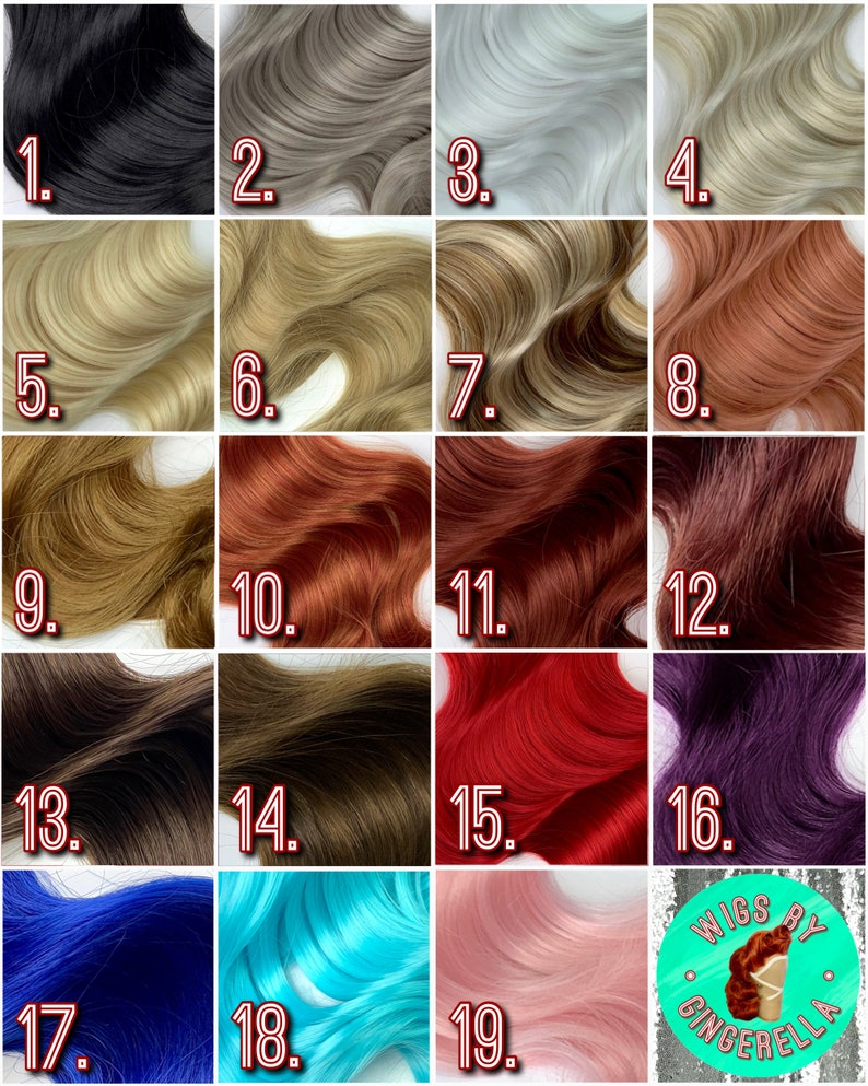 May include: A color chart of wig hair samples in various shades, including black, gray, blonde, red, and blue. Each sample is labeled with a number. The image also includes a logo that says "Wigs by Gingerella."