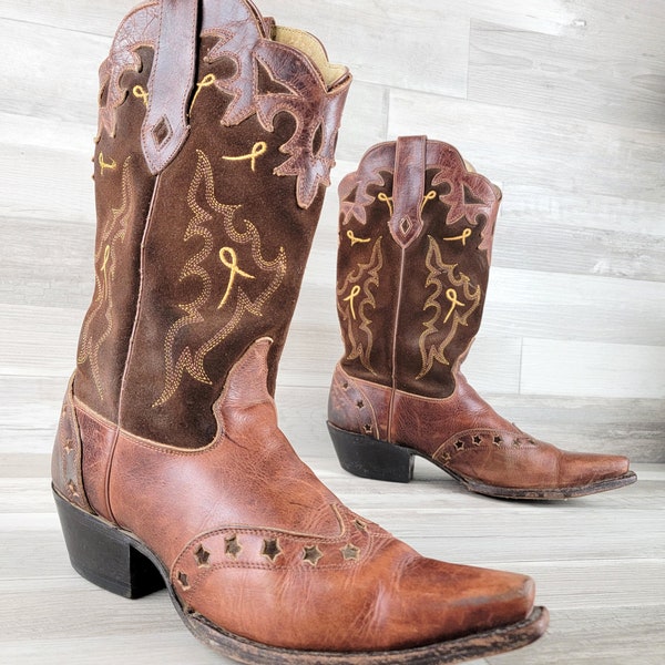 Vintage Sonora Double H Brown Leather Star Cut  Cowgirl Boots Women's Size 8.5M