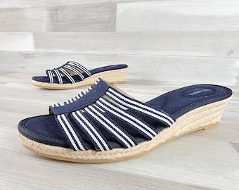 Lands End Navy Blue White Open Toe Espadrille Low Wedge Sandals NWOT Size 9B