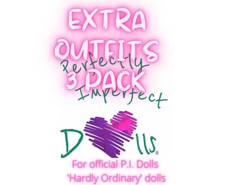 Extra outfits 3 pack for official Perfectly Imperfect Dolls 'Hardly Ordinary' rag dolls only. Handmade to order just for you by P.I. Dolls