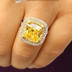 Cushion and Round Cut Simulated Diamonds Engagement Ring Set Double Halo Wedding Bridal 14K Solid White and Yellow Gold Fancy Yellow 6.00ctw