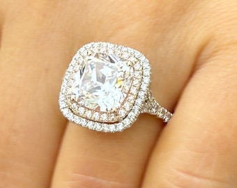 Cushion Cut and Round Cut Sides Simulated Diamonds Engagement Ring 14K Solid White Gold Double Halo Split Shank Design Wedding Ring 6.00ctw