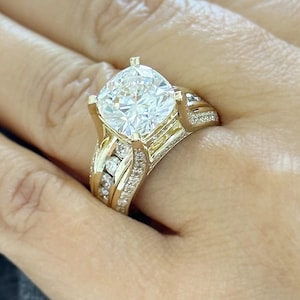 Cushion Cut and Round Cut Moissanites Engagement Ring Hidden Halo Design Wedding Ring Set In 14K Solid Heavy Yellow Gold Bridal Ring 6.50ctw