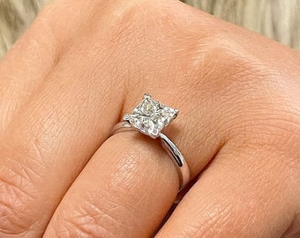 Four Prong Solitaire Style 14K Solid White Gold Princess Moissanite Engagement Ring, Wedding Bridal 2.00ct