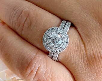 Round Cut Simulated Diamonds Engagement Ring And Matching Band Set Wedding Set Bezel Set Bridal Set Antique Style 14K Solid White Gold 1.70