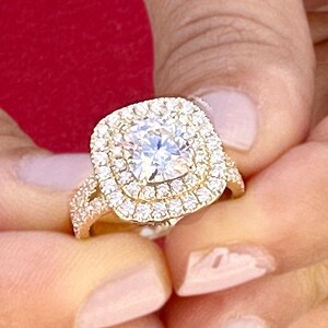 Cushion And Round Cut Sides Simulated Diamonds And Sapphire Engagement Ring Double Halo Split Shank 14K Solid Yellow Gold Wedding Ring 3.00