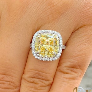 Fancy Yellow Cushion Cut And Round Cut Sides Simulated Diamonds Engagement Ring Set Double Halo Wedding Ring 14K Solid White Gold 6.00ctw