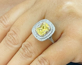 Fancy Yellow Cushion and Round Cut Simulated Diamonds Engagement Ring Set Double Halo Wedding Bridal 14K Solid White Gold Propose Ring 4.50