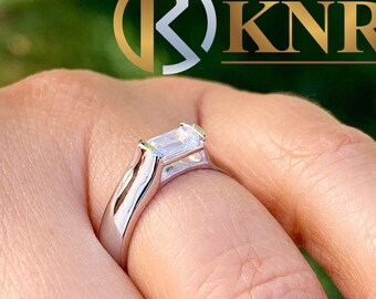 14K Solid And Heavy White Gold Emerald Cut Simulated Diamonds Engagement Ring Semi Tension Set Wedding Bridal Anniversary 1.00ctw