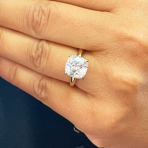 Solitaire Cushion Cut Simulated Diamonds Engagement Ring Four Prong Set Wedding Ring Minimalist Bridal Ring 14K Solid Yellow Gold 4.00ct