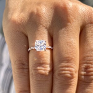 Square Cushion Cut Center And Round Cut Sides Simulated Diamonds Engagement Ring In 14K Solid Rose Gold Four Prong Wedding Bridal Ring 2.70
