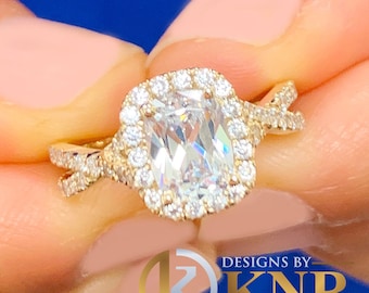 Cushion Cut And Round Cut Sides Moissanites Engagement Ring Halo Wedding Ring Twisted Shank Bridal Propose Ring 14K Solid Yellow Gold 2.25ct