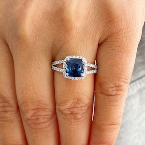 Cushion Cut Blue Sapphire And Round Cut Sides Simulated Diamonds Engagement Ring Halo Wedding Ring 14K Solid White Gold Bridal Ring 3.50ctw