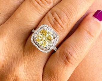 Fancy Yellow Cushion Cut Simulated Diamond Ring, Double Halo, 14K White Gold, 6.00ctw