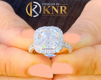 Anillo de compromiso con diamantes simulados de talla Asscher y corte redondo, con bisel de halo, para boda, en oro blanco macizo de 14 quilates y 4,00 cts.
