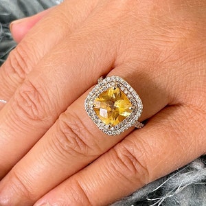 Cushion Cut Yellow Citrine And Round Cut Sides Simulated Diamonds Engagement Ring Double Halo Split Shank 14K Solid Yellow Gold 5.00ctw