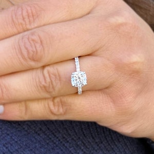 Cushion Cut And Round Cut Sides Moissanites Engagement Ring Prong Set Wedding Ring Minimalist Bridal Ring For Her 14K Solid White Gold 2.20