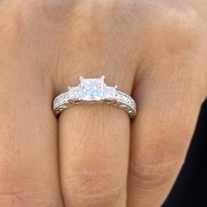 Princess Cut And Round Cut Sides Moissanite Engagement Ring Three Stone Wedding Ring Filigree Bridal Propose Ring 14K Solid White Gold 2.00