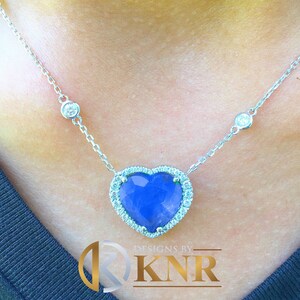 14K Solid white Gold Heart Shape Sapphire and Round Cut Simulated Diamonds Pendant Wedding Bridal Gift 3.70ctw With Diamonds on Chain Too
