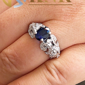 Deco Antique Style Oval Shape Blue Sapphire And Round Cut Sides Simulated Diamonds Engagement Ring Anniversary 14K Solid White Gold 2.10ctw