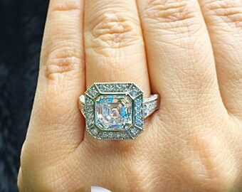 Anillo de compromiso con moissanitas en forma Asscher y cortes laterales redondeados, con bisel de halo y filigrana, para boda, en oro blanco macizo de 14 quilates y 4,50 cts.